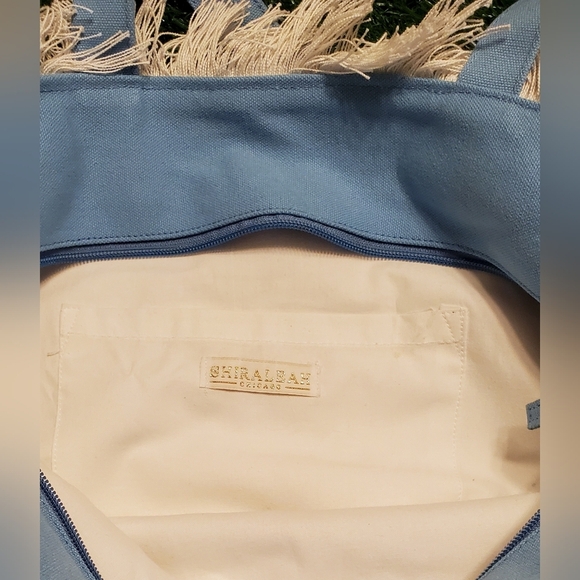 Shiraleah Chicago Tropical Leaf  Print Large Beach Tote Bag Fringe Trim Detail - Picture 4 of 6